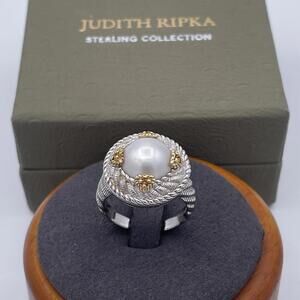 Judith Ripka Freshwater Pearl Citrine Ring 925 Sterling Silver Cable Band Size 8